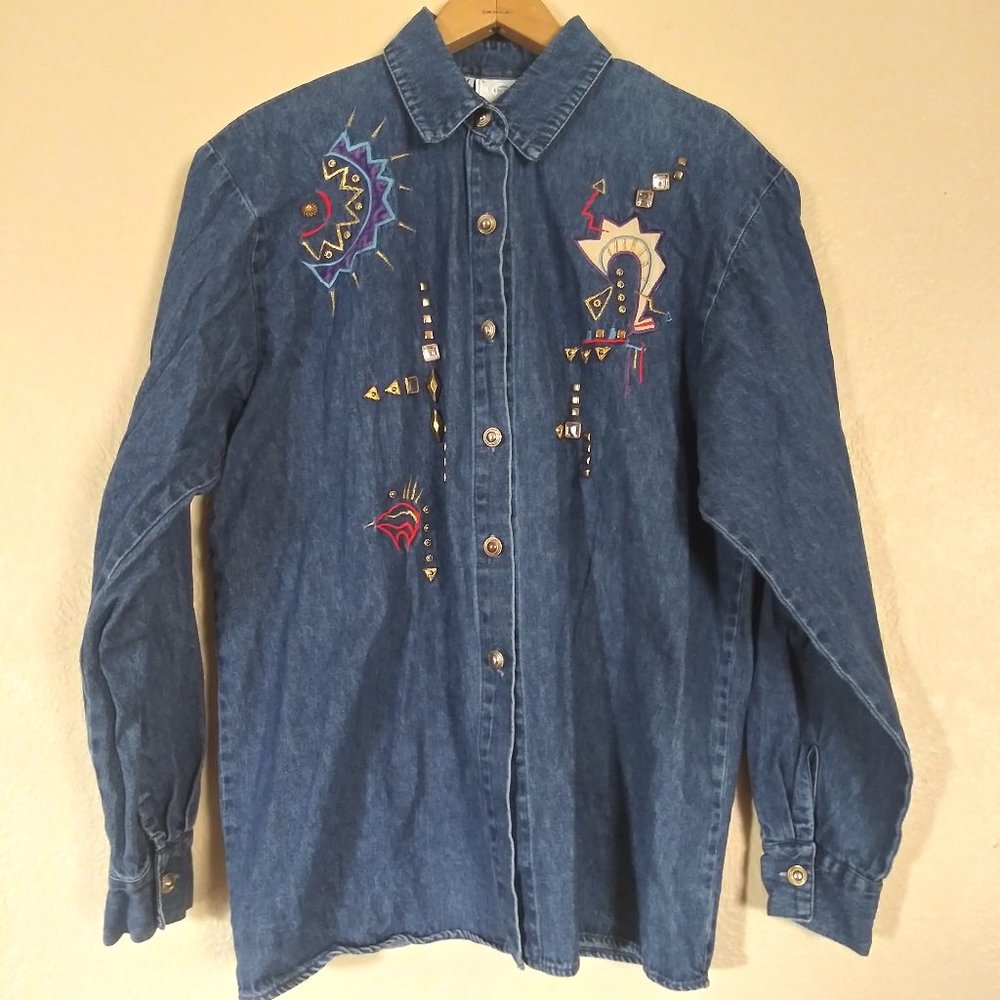 Vintage INFO USA Aztec Studded Denim Button Down Shirt Women's Medium